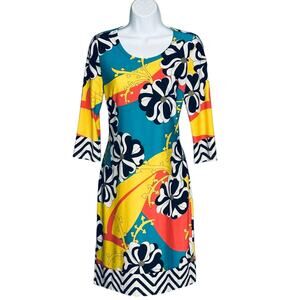 Tracy Negoshian Small Marisol Dress 3/4 Sleeve Colorful Retro 70s Party Sheath